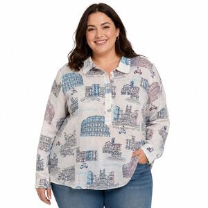 Talbots Shirt Womens 1X Multicolor Roman Holiday Print Collared Button Front Top